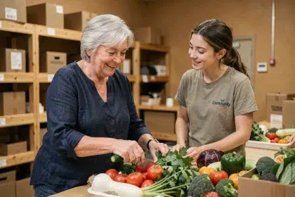Femme retraitée faisant du bénévolat dans une banque alimentaire, souriante aux côtés d'un jeune bénévole