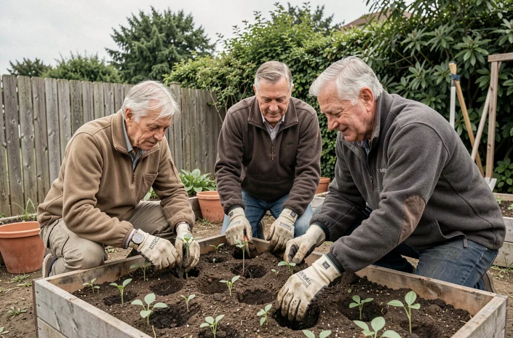 Groupe de retraités bénévoles plantant des semis ensemble dans un jardin communautaire en plein air