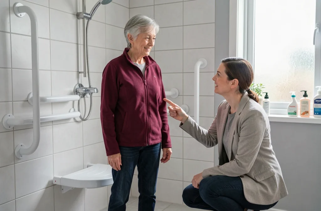 Ergothérapeute présentant les aménagements de salle de bain adaptée à une senior pour favoriser le maintien à domicile