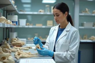 Scientifique en blouse blanche analysant un os animal dans un laboratoire moderne spécialisé en ostéologie