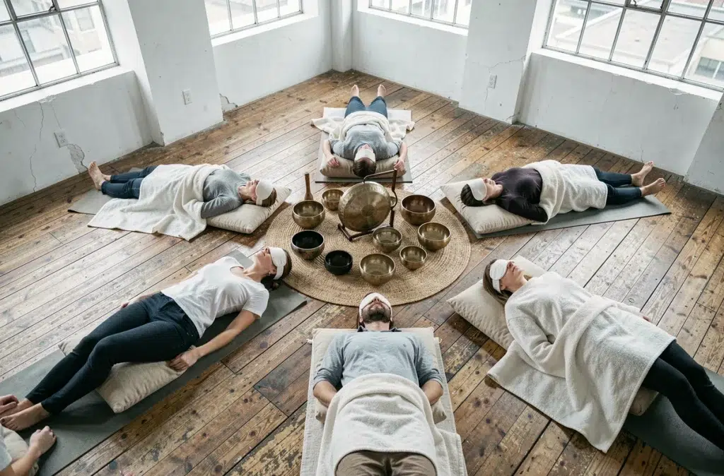 Groupe de participants allongés en cercle lors d'une séance collective de bain sonore avec bols chantants et gong