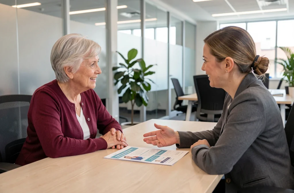 Femme senior discutant avec un conseiller en assurance pour souscrire une mutuelle santé adaptée à ses besoins