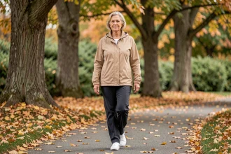 Senior femme marchant dans un parc en automne pour améliorer son équilibre et sa santé