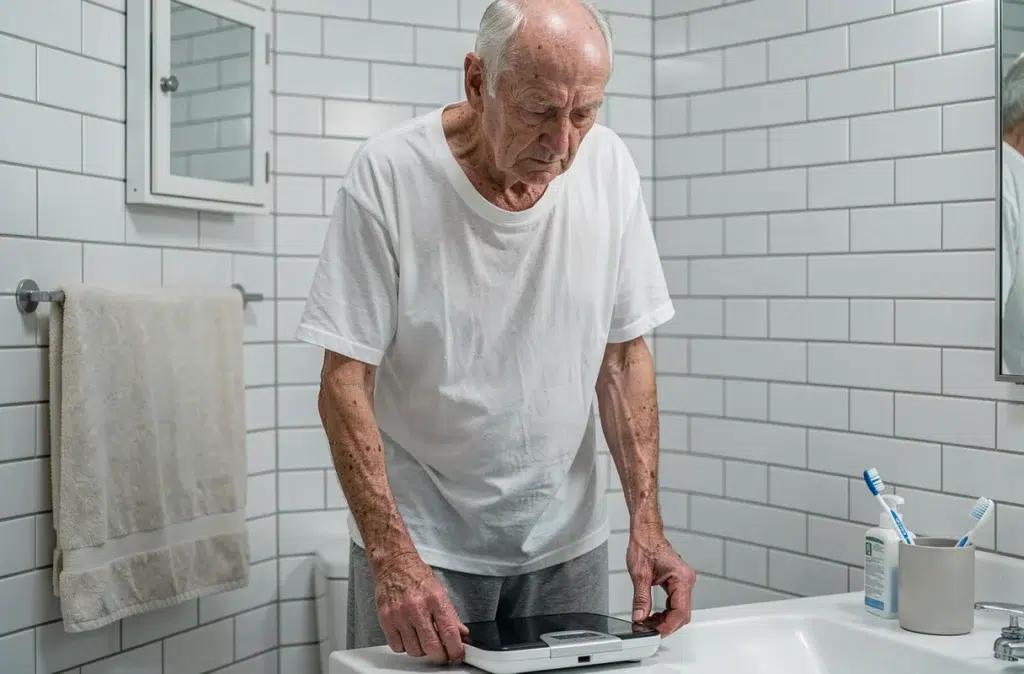 Homme âgé se pesant sur une balance, vêtements trop grands révélant une perte de poids liée à la dénutrition