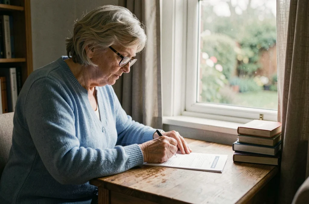 Femme senior remplissant un formulaire de souscription à une mutuelle santé abordable chez elle