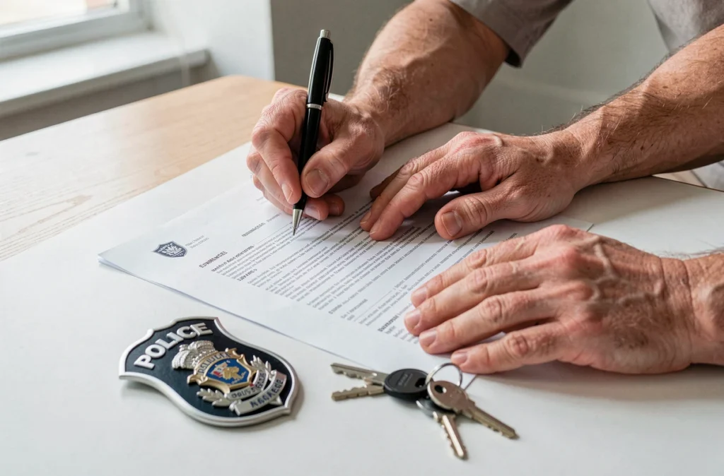 Mains d'un policier signant un contrat d'assurance emprunteur avec badge posé sur le bureau