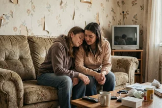 Deux femmes adultes assises ensemble dans un salon modeste, illustrant l'intimité familiale perturbée par la célébrité télévisuelle des sœurs Slaton