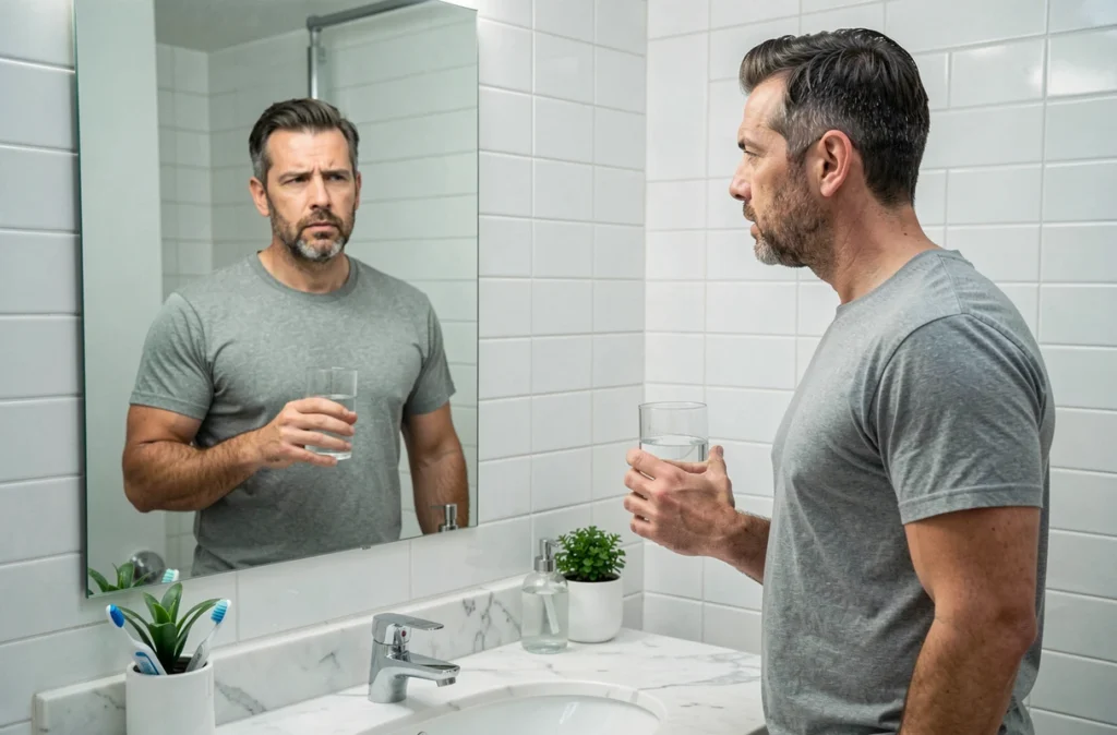Homme buvant un verre d'eau fraîche pour soulager une douleur au palais dans une salle de bain