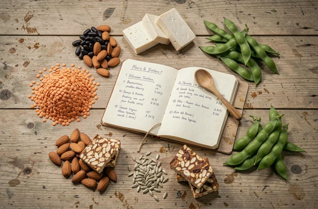 Assortiment de sources de protéines végétales crues sur une table en bois pour un régime minceur sain