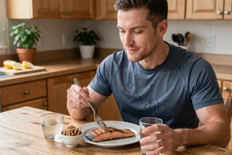 Sportif mangeant du saumon grillé et des noix riches en oméga 3 après l'entraînement dans une cuisine moderne