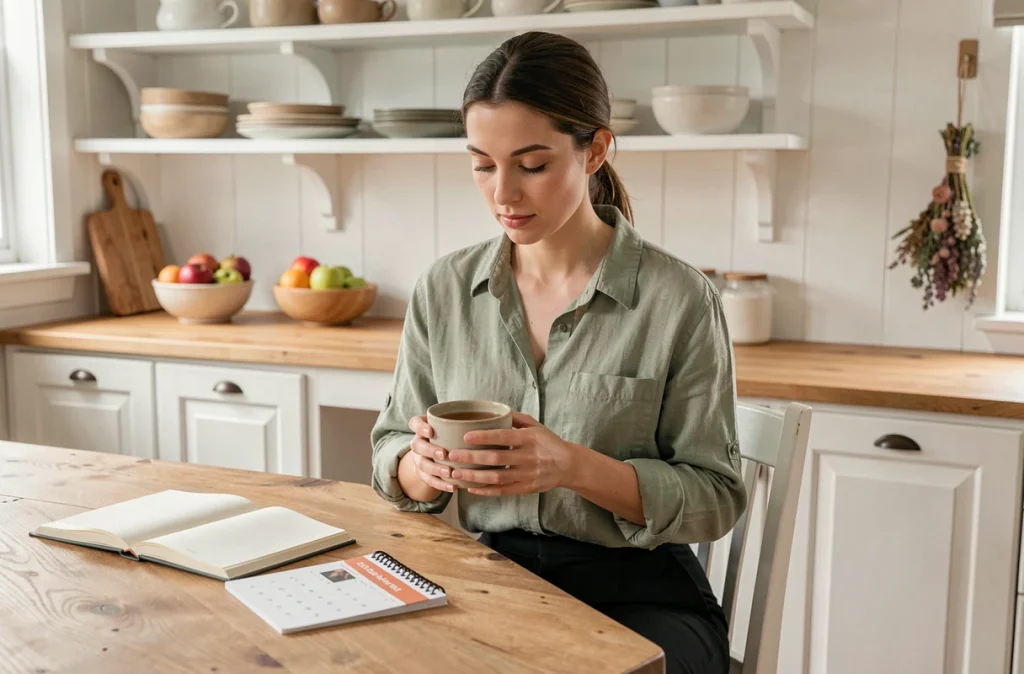 Femme assise à la table de cuisine avec une tasse de tisane et un journal de suivi de cycle, représentant les premiers signes d'une grossesse