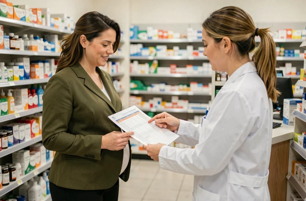 Femme enceinte discutant de son suivi prénatal avec une pharmacienne en officine, tenant un calendrier de soins obstétricaux
