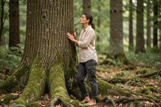 Femme pratiquant la sylvothérapie, les mains posées sur un hêtre centenaire en forêt tempérée