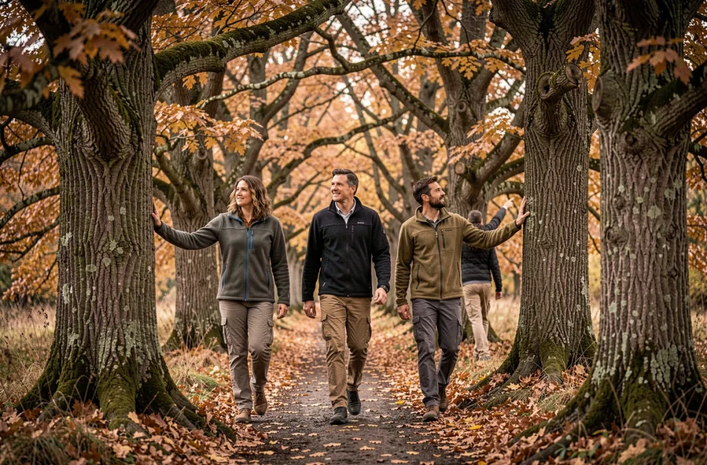 Groupe de citadins en balade de sylvothérapie sur un sentier en forêt de chênes en automne