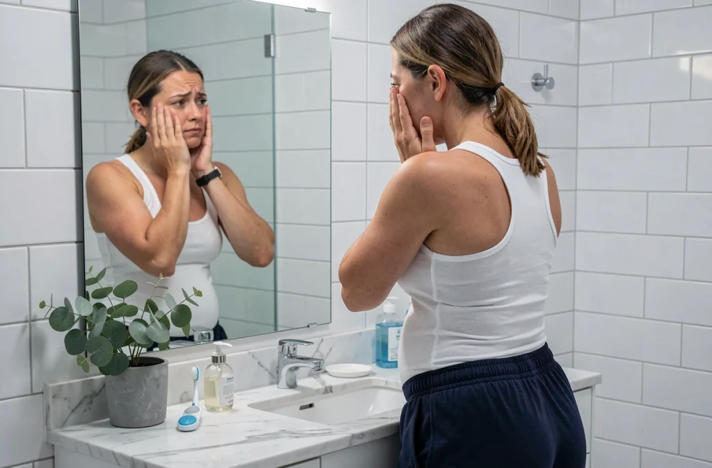 Femme fatiguée face à son miroir de salle de bain, illustrant les premiers symptômes physiques de la grossesse comme la fatigue et les nausées