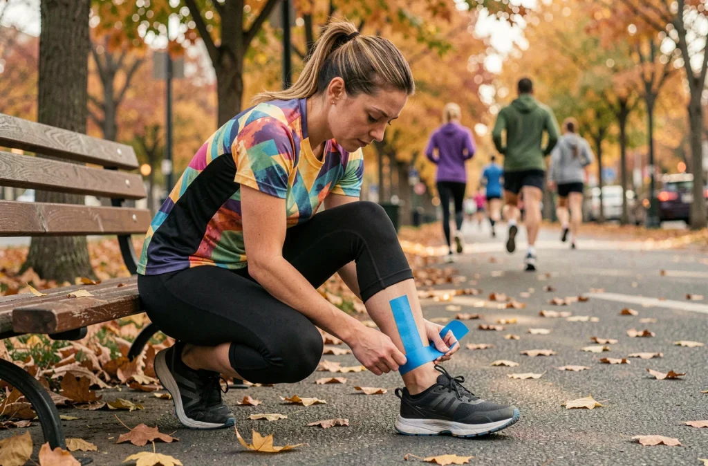 Coureuse appliquant elle-même un tape bleu sur son mollet droit au bord d'un chemin de course en automne