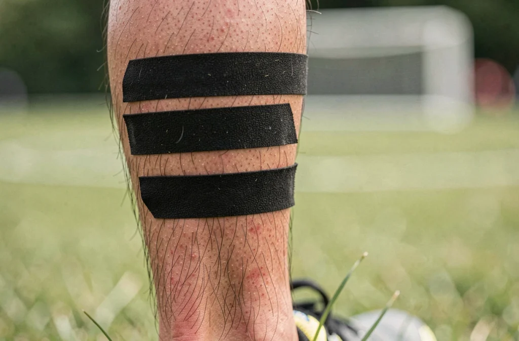 Gros plan sur un taping noir appliqué sur le mollet d'un footballeur sur terrain de jeu en gazon naturel