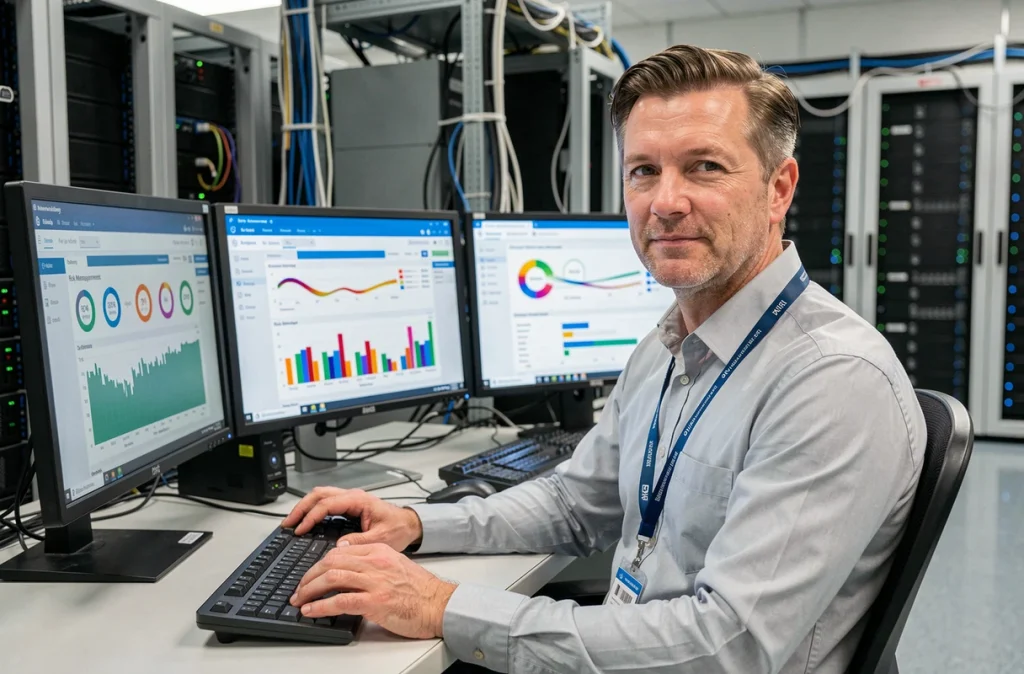 Technicien informatique hospitalier configurant un logiciel de gestion des risques santé sur un poste de travail numérique
