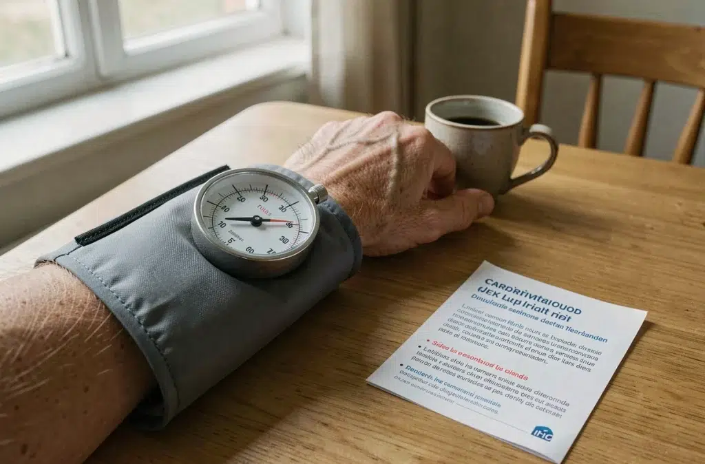 Brassard de tensiomètre sur un bras adulte avec brochure sur les risques cardiovasculaires à domicile
