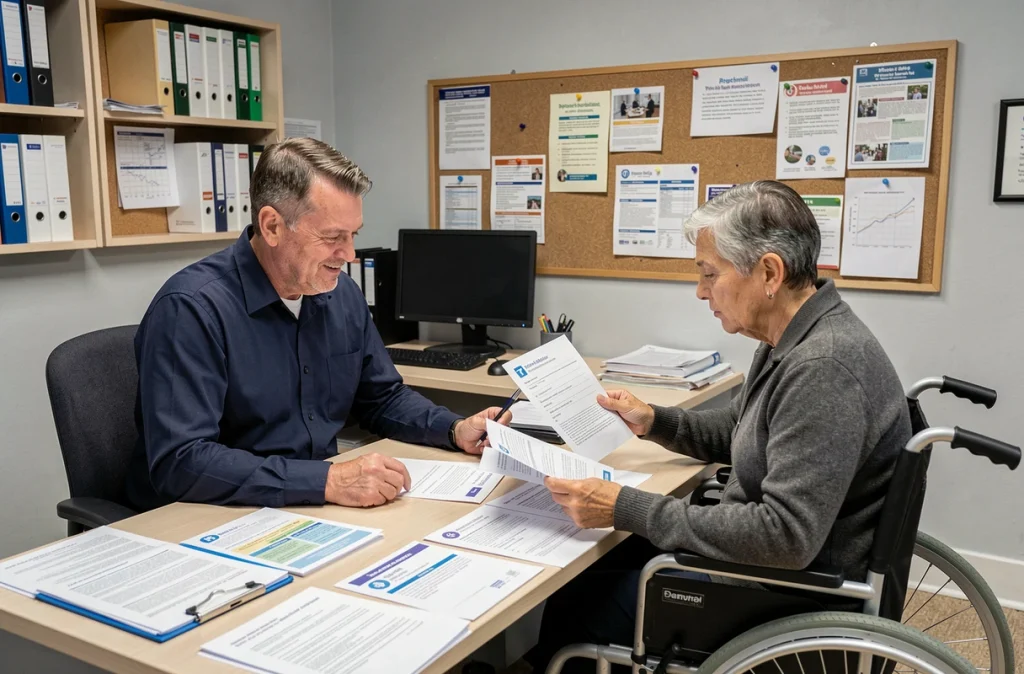 Travailleur social aidant une personne en fauteuil roulant à compléter un dossier MDPH dans un bureau administratif