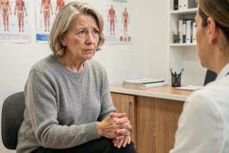 Femme d'une cinquantaine d'années en consultation médicale souffrant de tremblements dans les mains