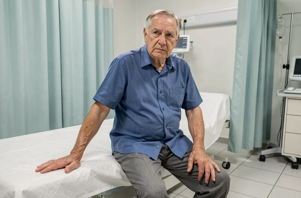 Homme âgé assis sur une table d'examen médical avec des tremblements corporels visibles