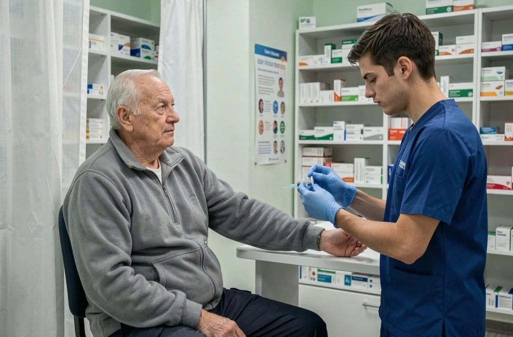 Un homme âgé se fait vacciner par un pharmacien dans une pharmacie moderne