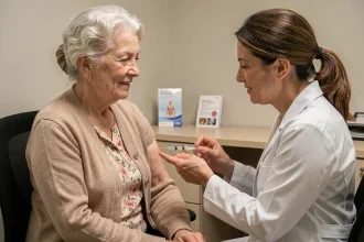 Une femme âgée reçoit un vaccin recommandé lors d'une consultation médicale avec son médecin
