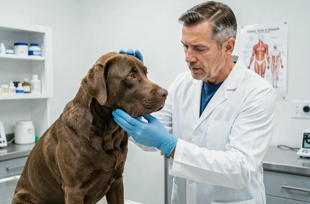 Vétérinaire examinant un labrador dans une clinique vétérinaire moderne, contexte assurance animaux