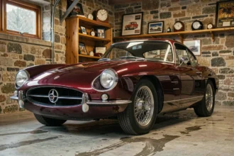 Voiture de collection restaurée des années 1960 garée dans un garage en pierre, illustrant l'importance d'une assurance adaptée pour les véhicules anciens
